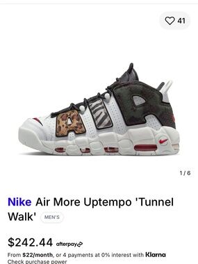Nike Air More Uptempo Sneakers in White with Black, Red, Brown and Green Accents